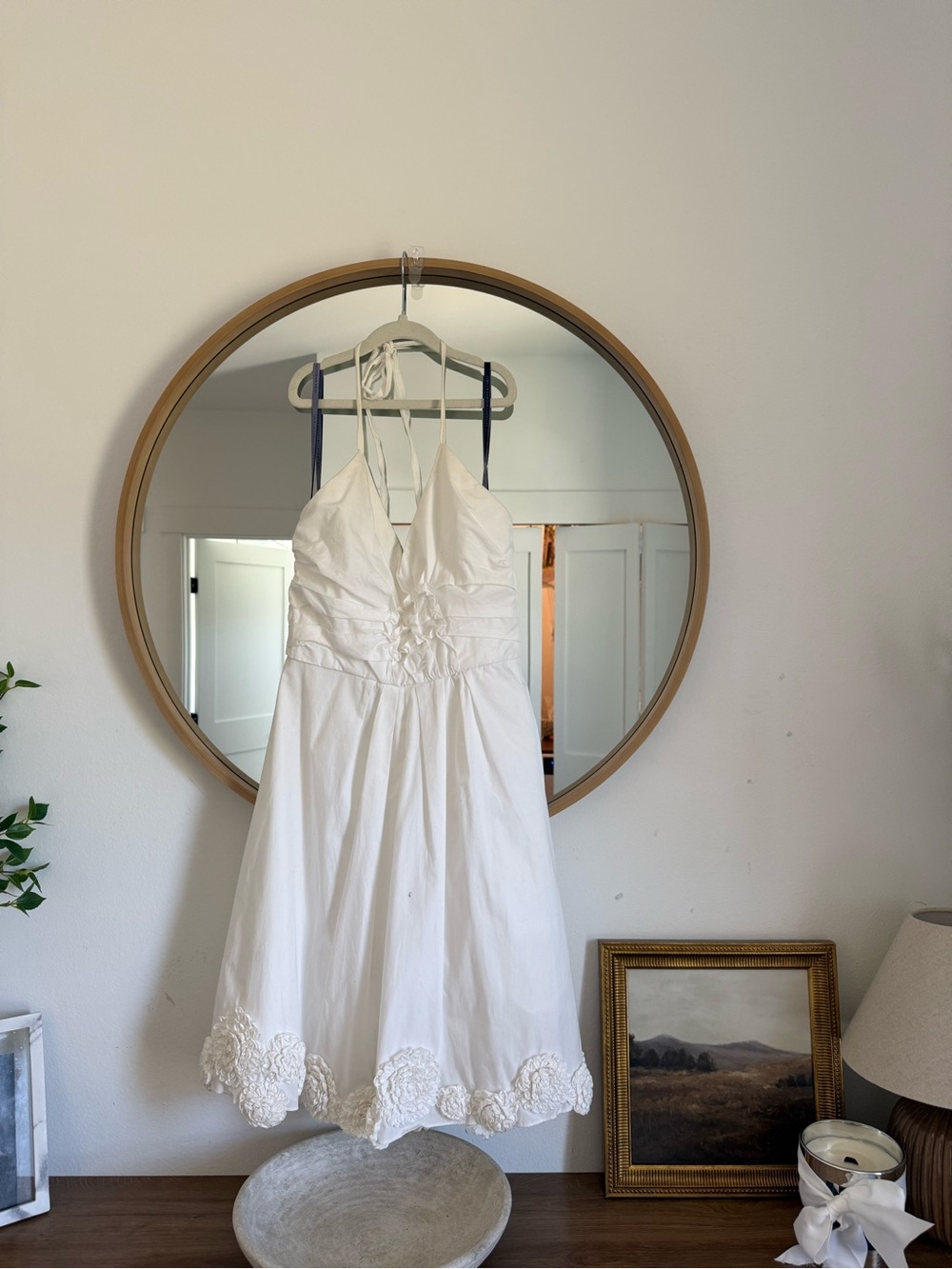 Vera Wang Lavender Label White Strapless A-Line Dress with Floral Hem Appliqué